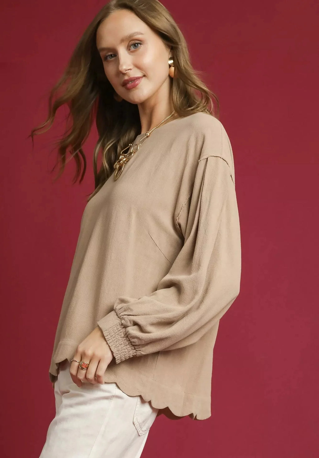 Umgee Linen Scallop Hem Long Sleeve Blouse | Fitiquefit by FitiqueFit