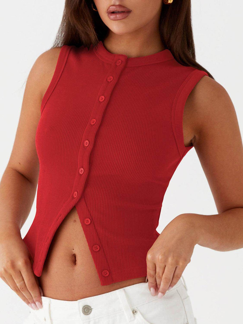 Lovelet Button Up Round Neck Tank for Stylish Comfort by Selvanelle