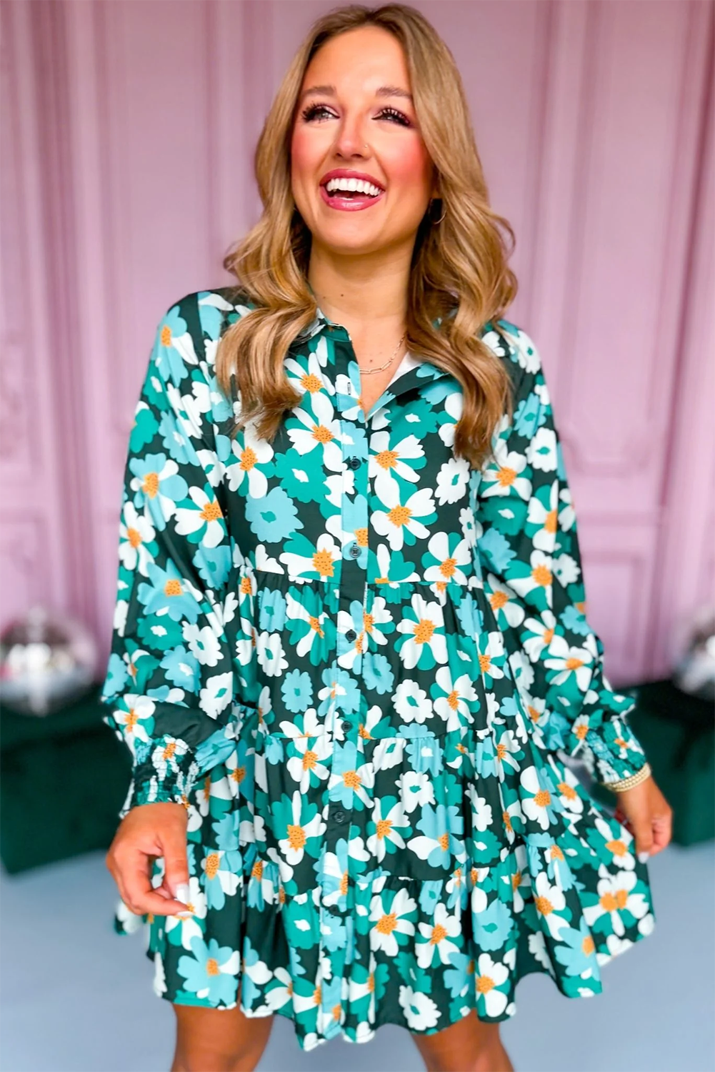 Green Floral Tiered Long Puff Sleeve Shirt Dress by Wild and Free Boutique