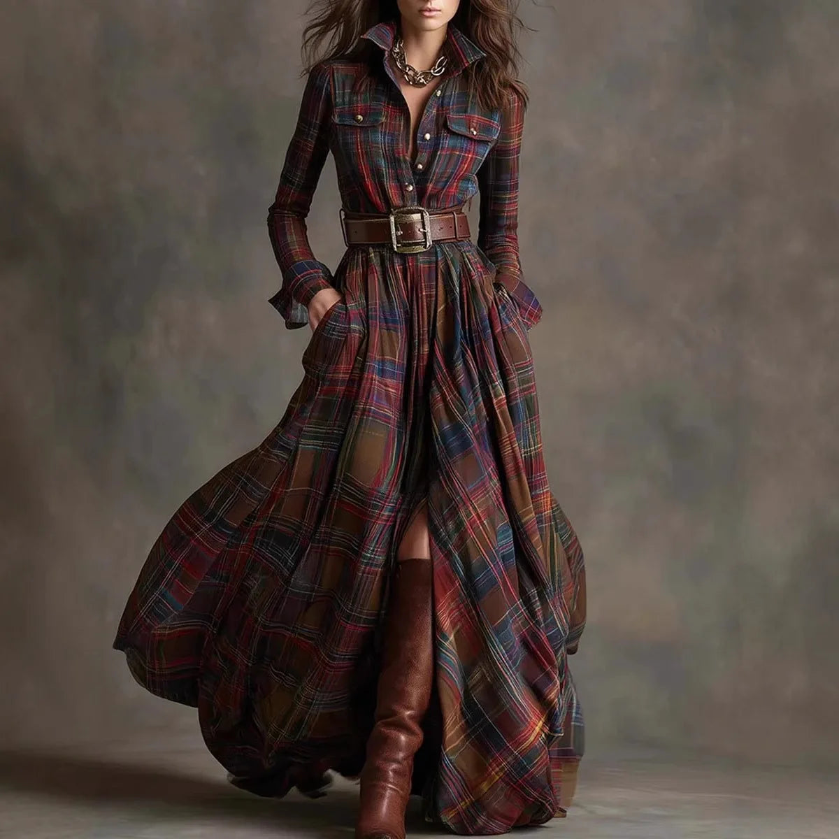 European American Women's Long Sleeve Plaid Maxi Dress for Women with Button Pocket - Autumn Casual Retro Vestidos by AliExpress