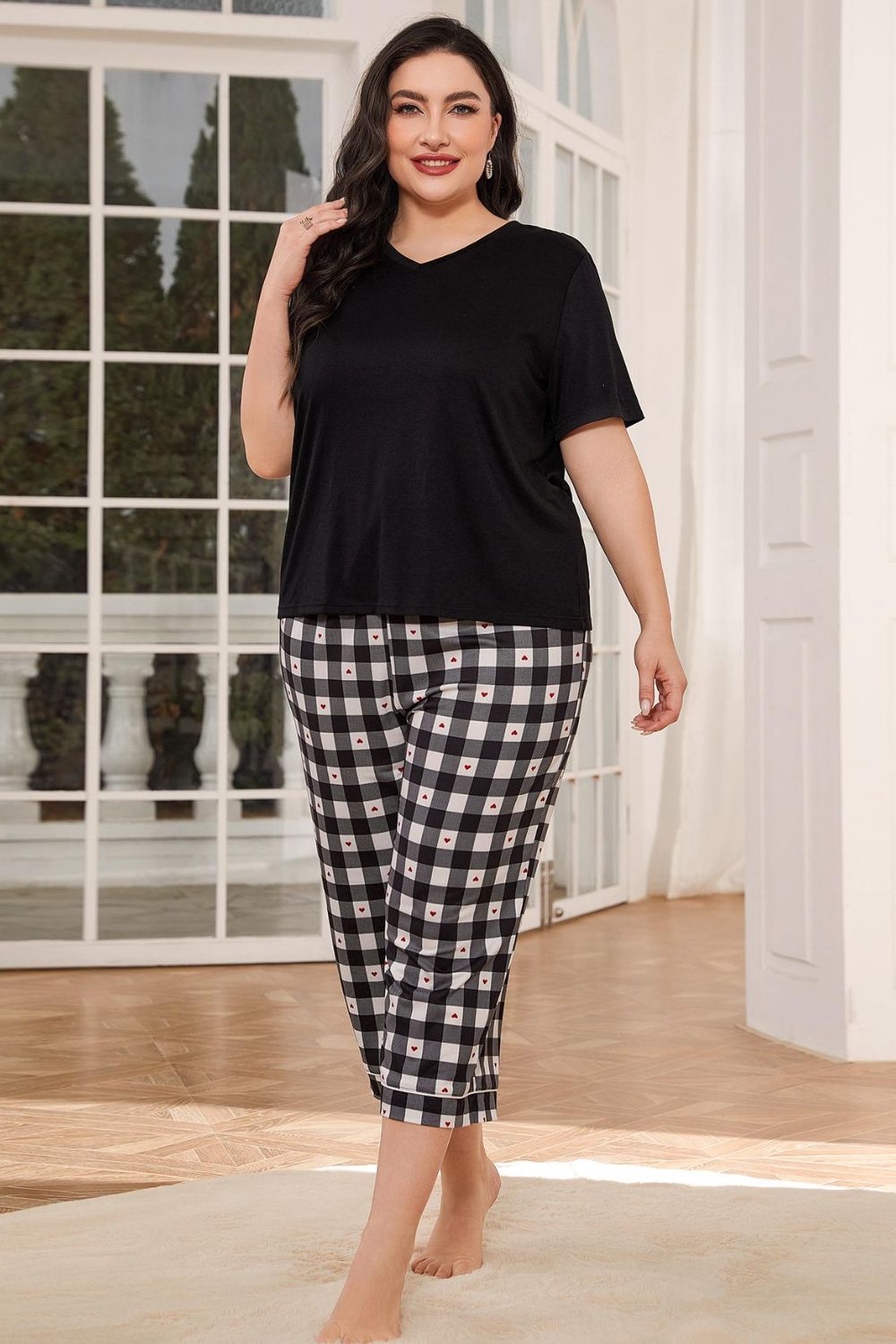 V-Neck Tee and Plaid Cropped Pants Lounge Set by Wild and Free Boutique