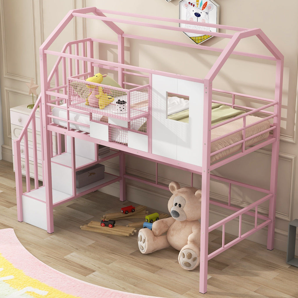 Metal Loft Bed With Roof Design And Storage Box With Guardrails And Integrated Ladder by Unique Piece Furniture