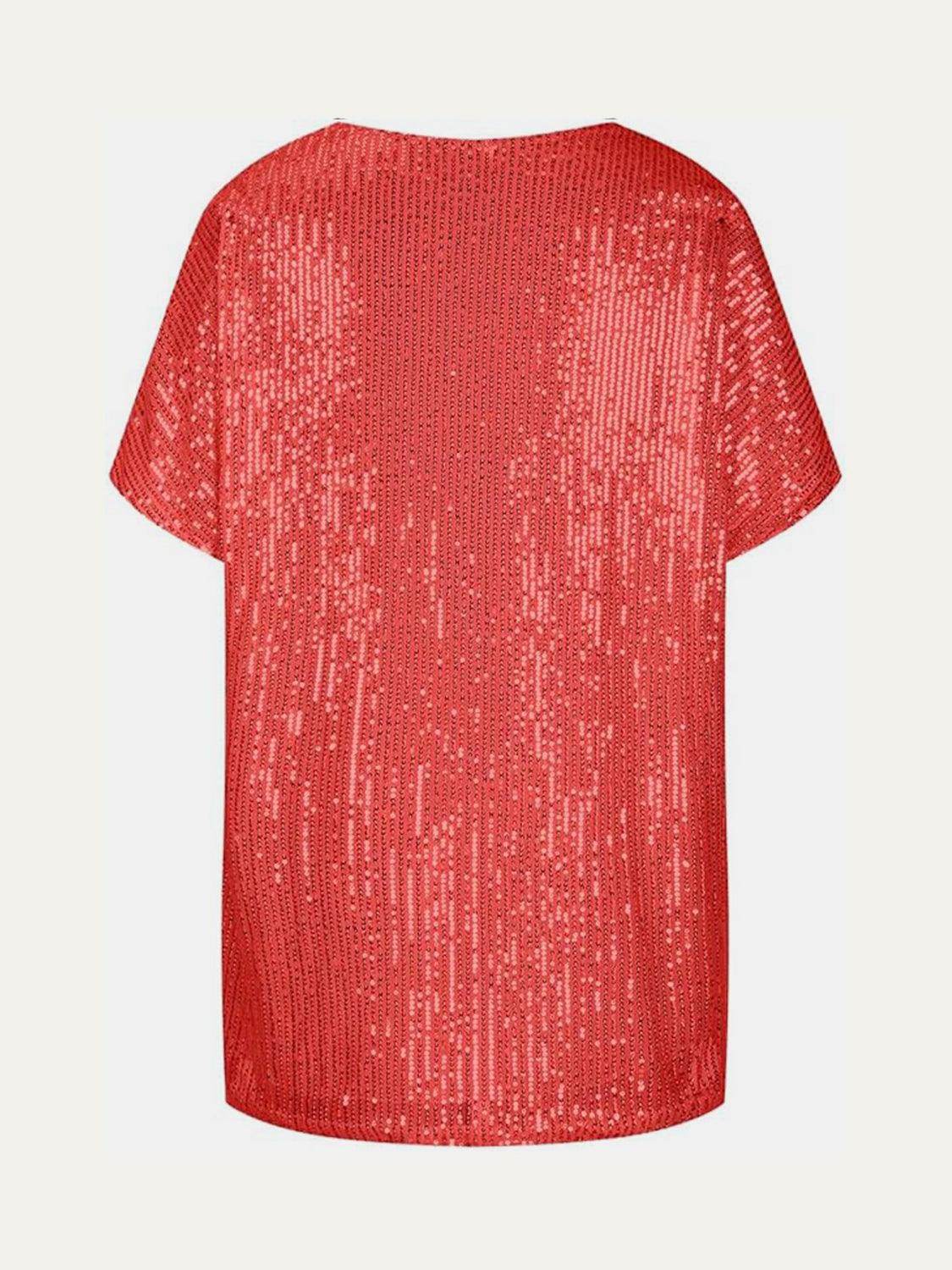 Full Size Sequin V-Neck Short Sleeve Top for Women by Selvanelle