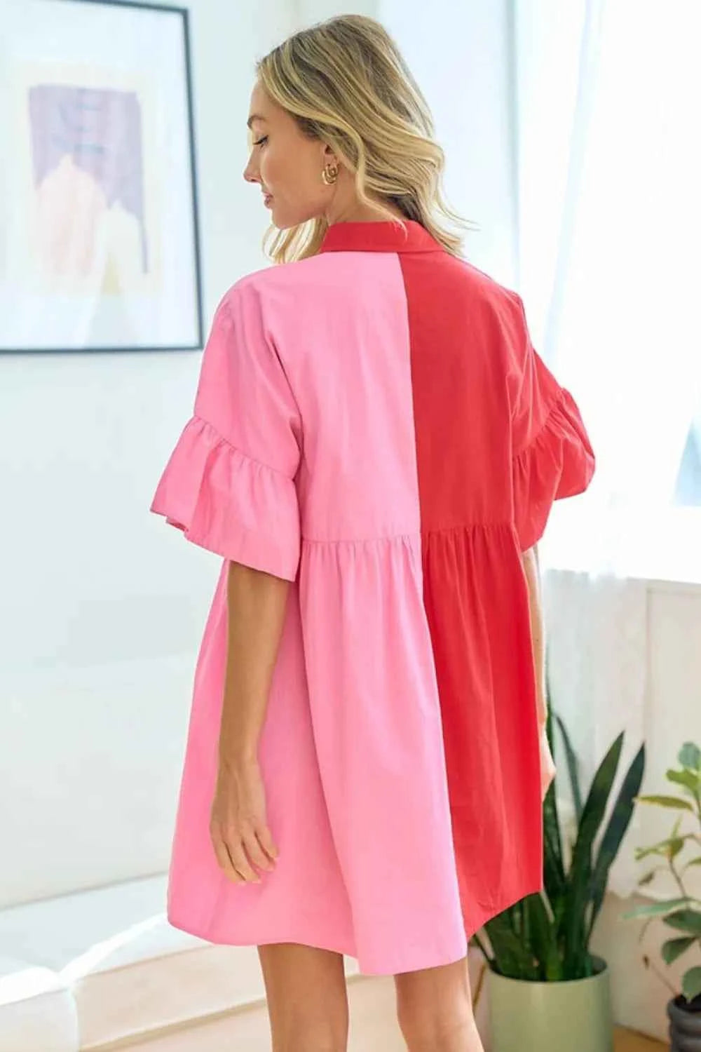 First Love Full Size Color Blocked Button Down Babydoll Dress by Wild and Free Boutique