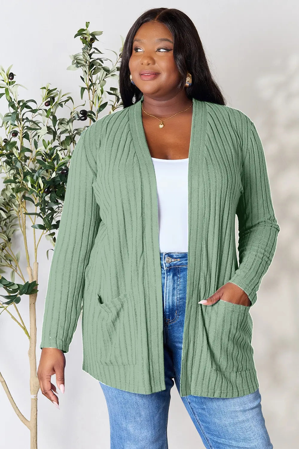 Basic Bae Full Size Ribbed Open Front Cardigan with Pockets by Wild and Free Boutique