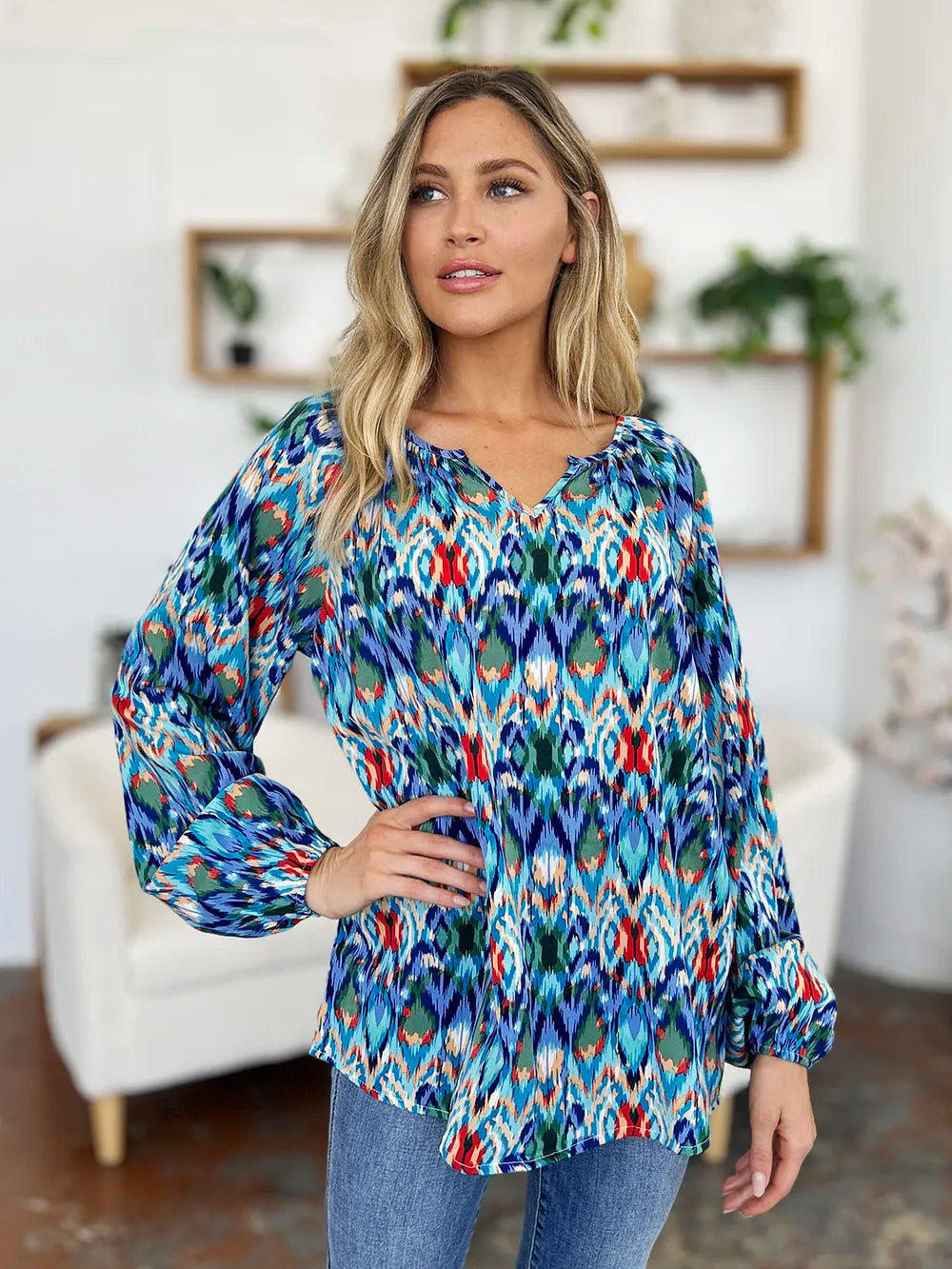 Double Take Full Size Printed Balloon Sleeve Blouse by Wild and Free Boutique