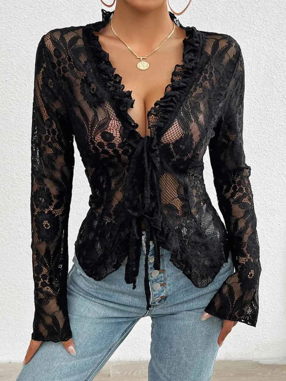 Tied V-Neck Long Sleeve Lace Top by Wild and Free Boutique