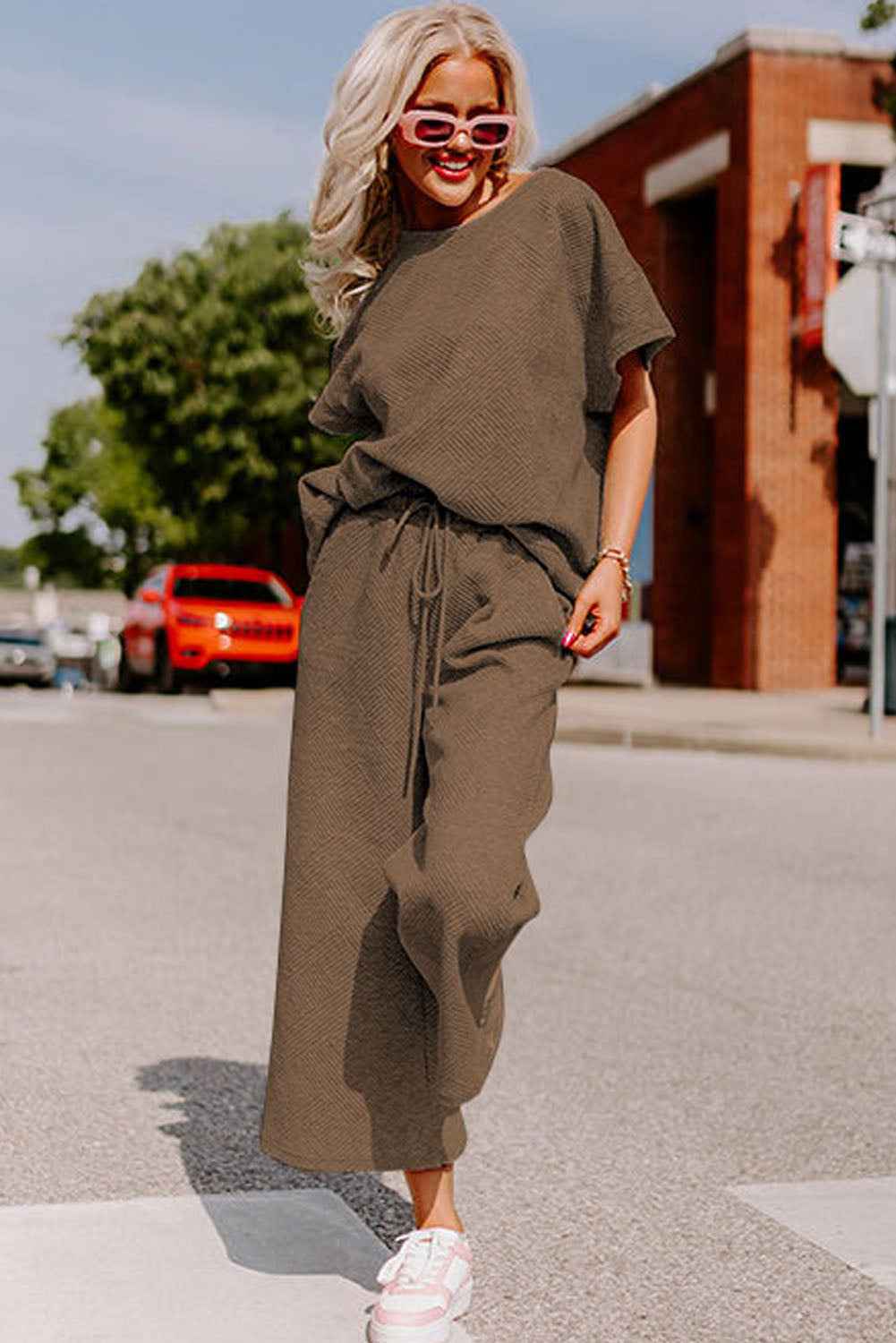 Brown Textured Loose Fit T Shirt and Drawstring Pants Set by Wild and Free Boutique