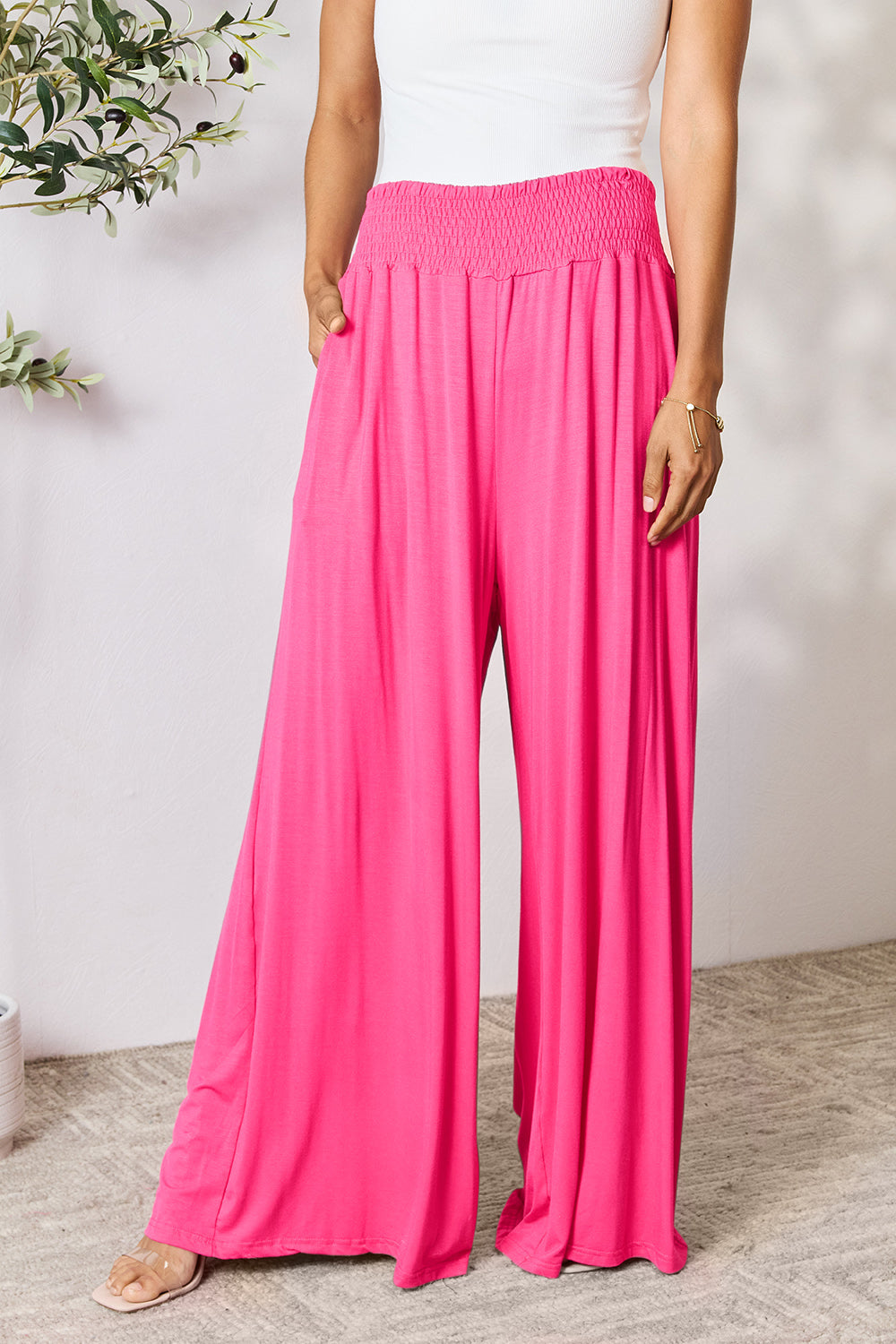Double Take Full Size Smocked Wide Waistband Wide Leg Pants by Wild and Free Boutique