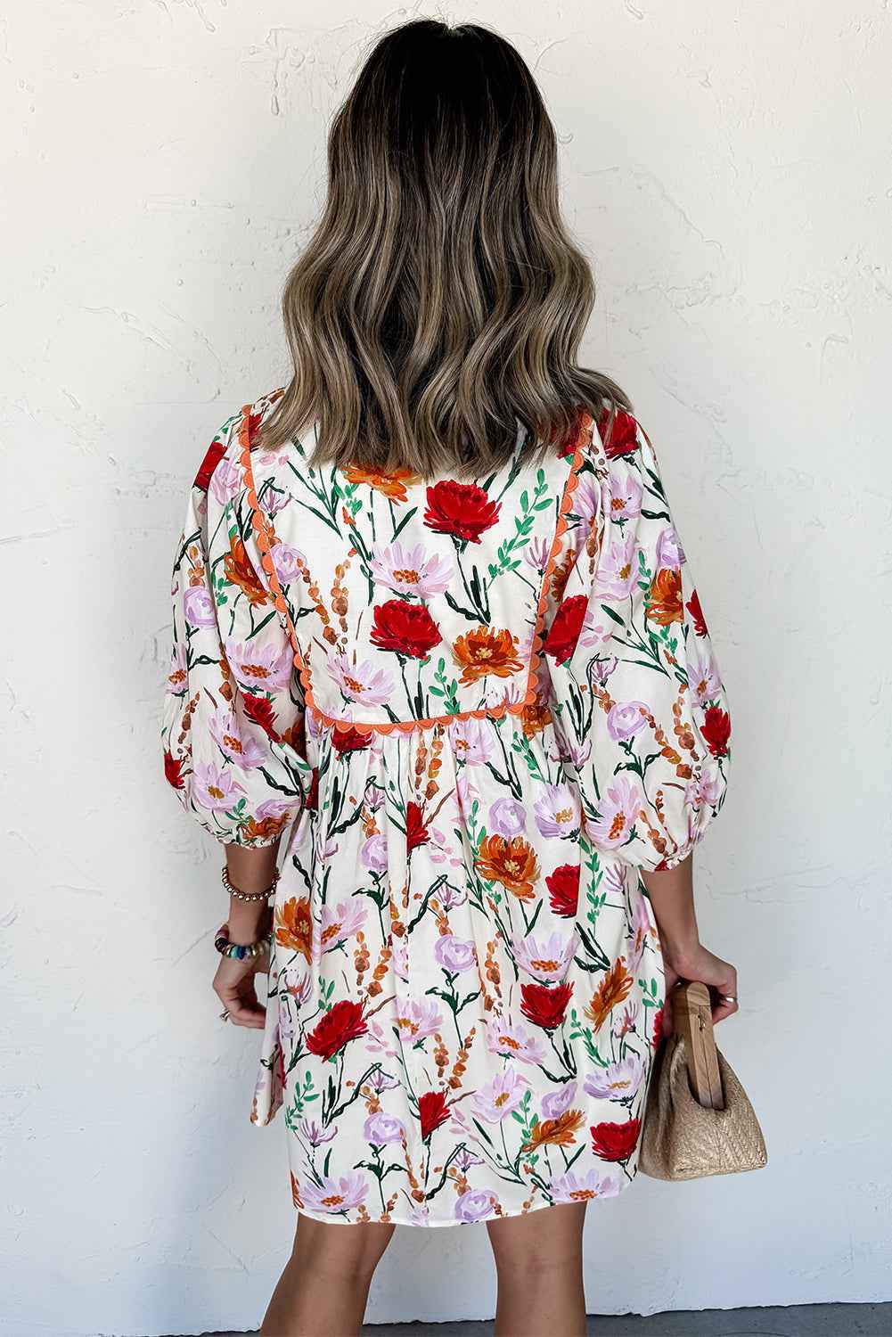 Beige Floral Print 3/4 Puff Sleeve Ricrac Trim Mini Dress by Wild and Free Boutique
