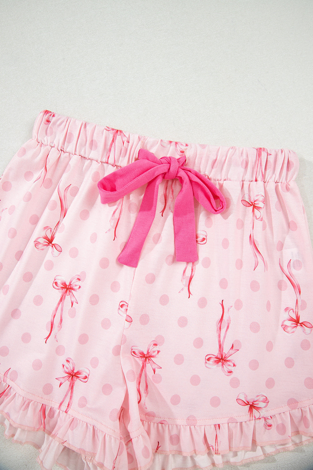 Pink Bow Print Contrast Pipping Short Pajamas Set by Wild and Free Boutique