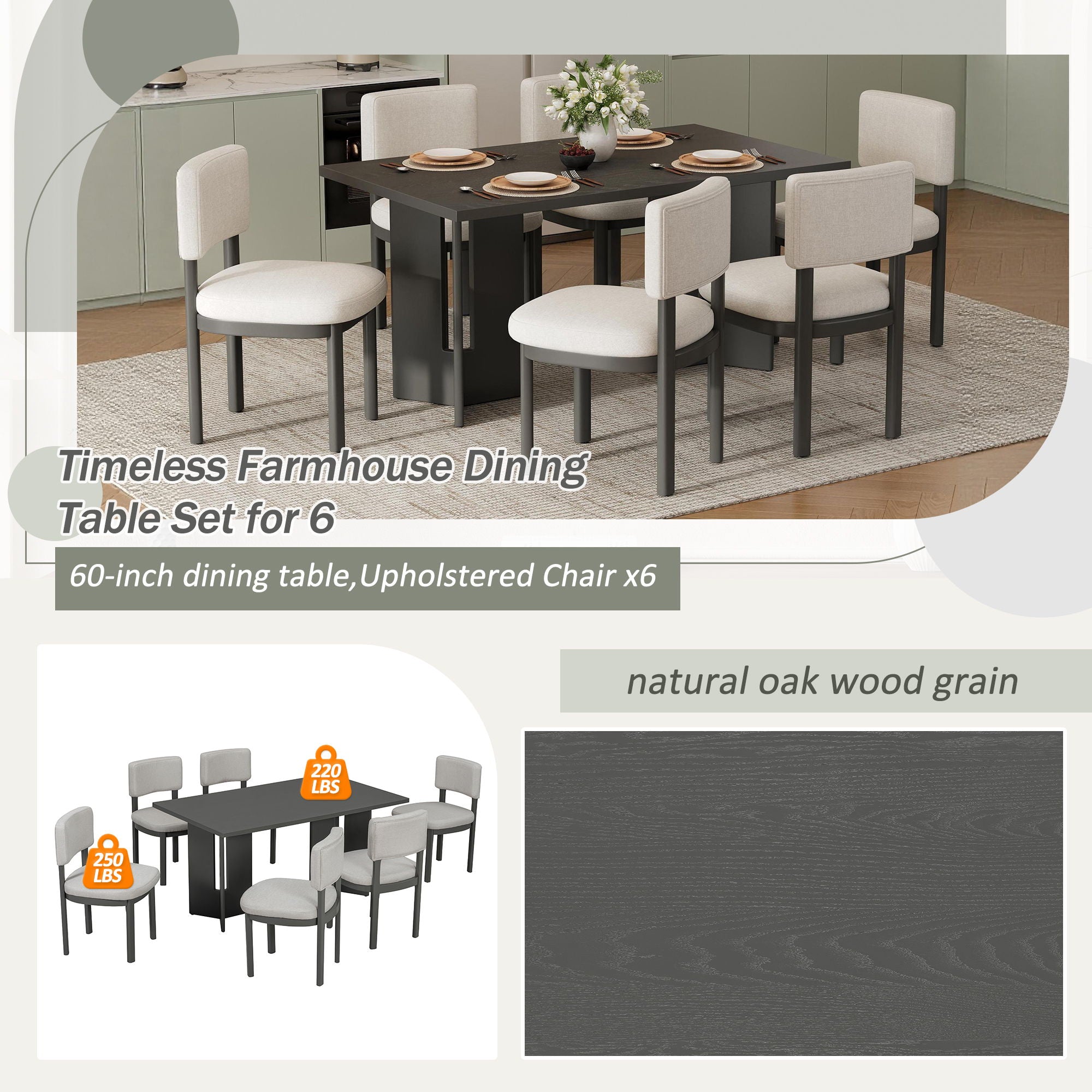 Dining Table Set With 6 Upholstered Chairs, Rectangular Table With Cutout Legs by Unique Piece Furniture