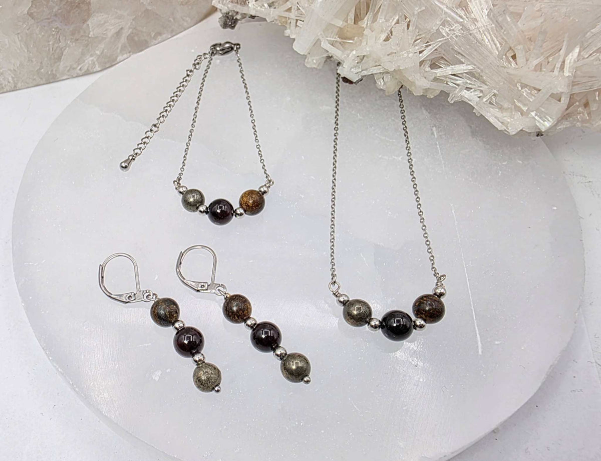 STAY IN MY POWER - Pyrite, Bronzite, Garnet Jewelry Set by Sacred Crystals