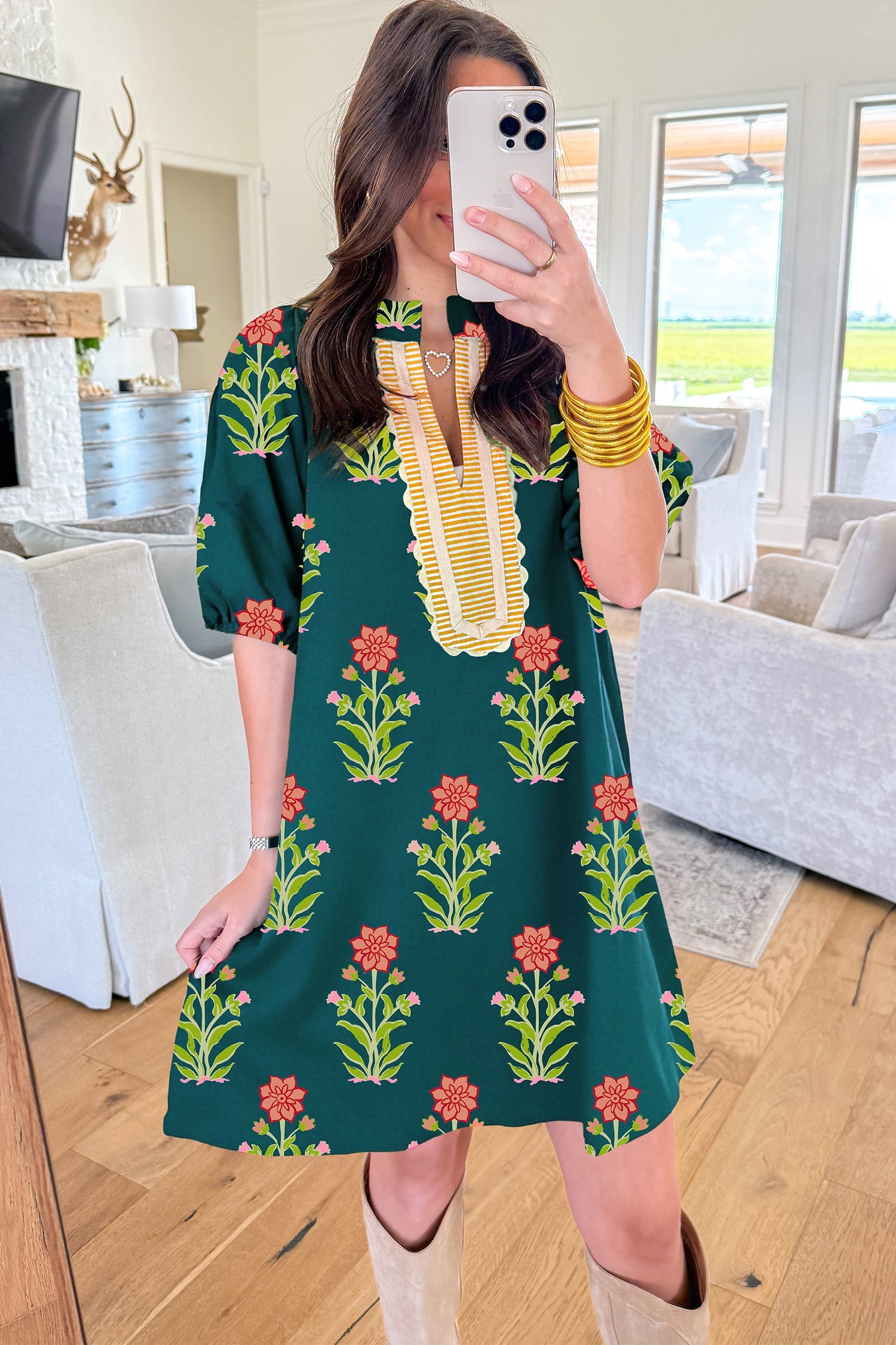 Green Floral Print Contrast Trim Striped Patchwork Short Sleeve Dress by Wild and Free Boutique