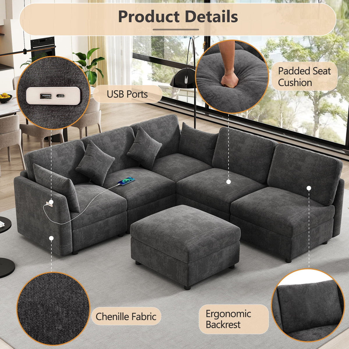 Sectional Sofa Modular U-Shaped With Ottoman & USB Ports by Unique Piece Furniture