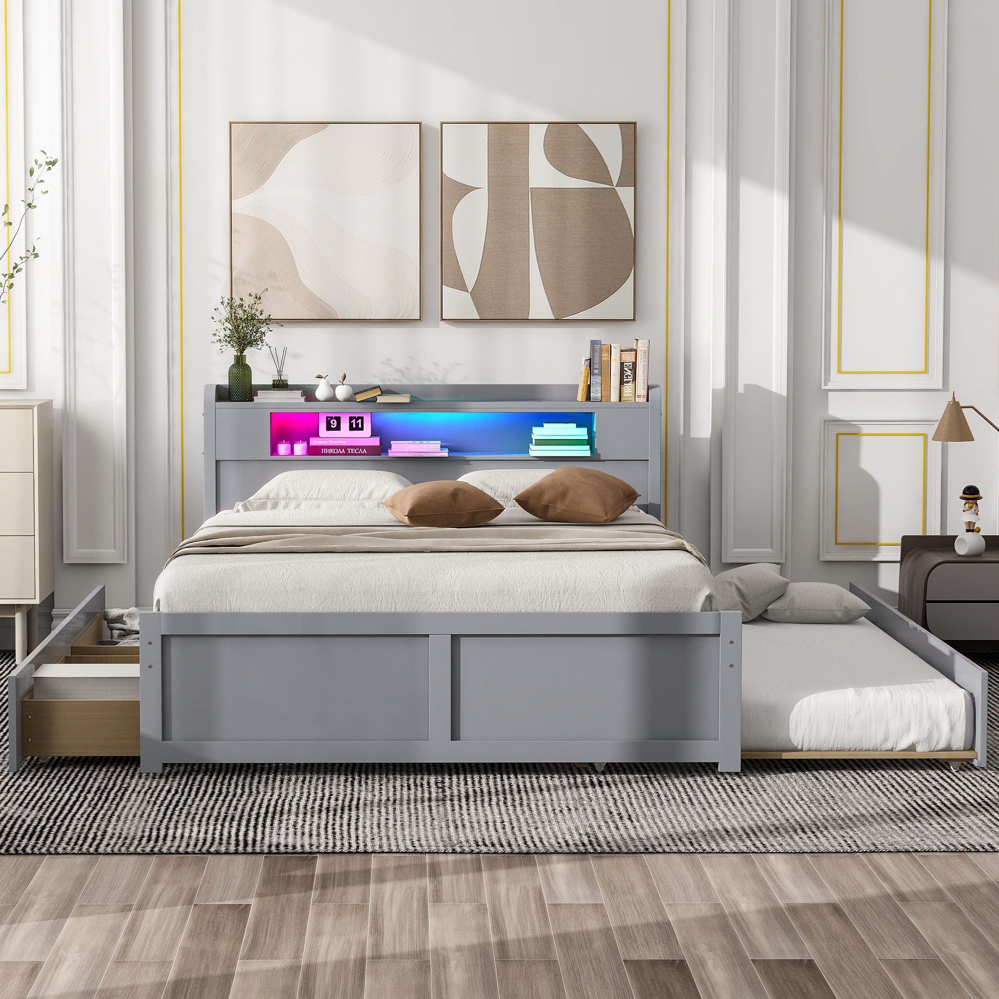 Storage Platform Bed With LED Lights, 2 Drawers And Trundle by Unique Piece Furniture