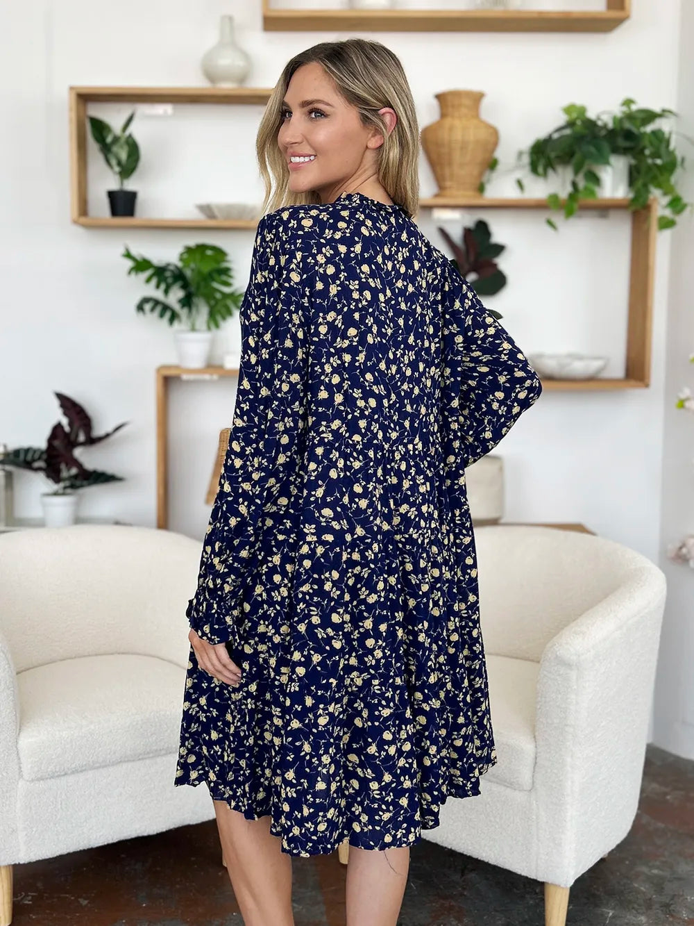 Double Take Full Size Printed Ruffle Hem Long Sleeve Tiered Dress by Wild and Free Boutique
