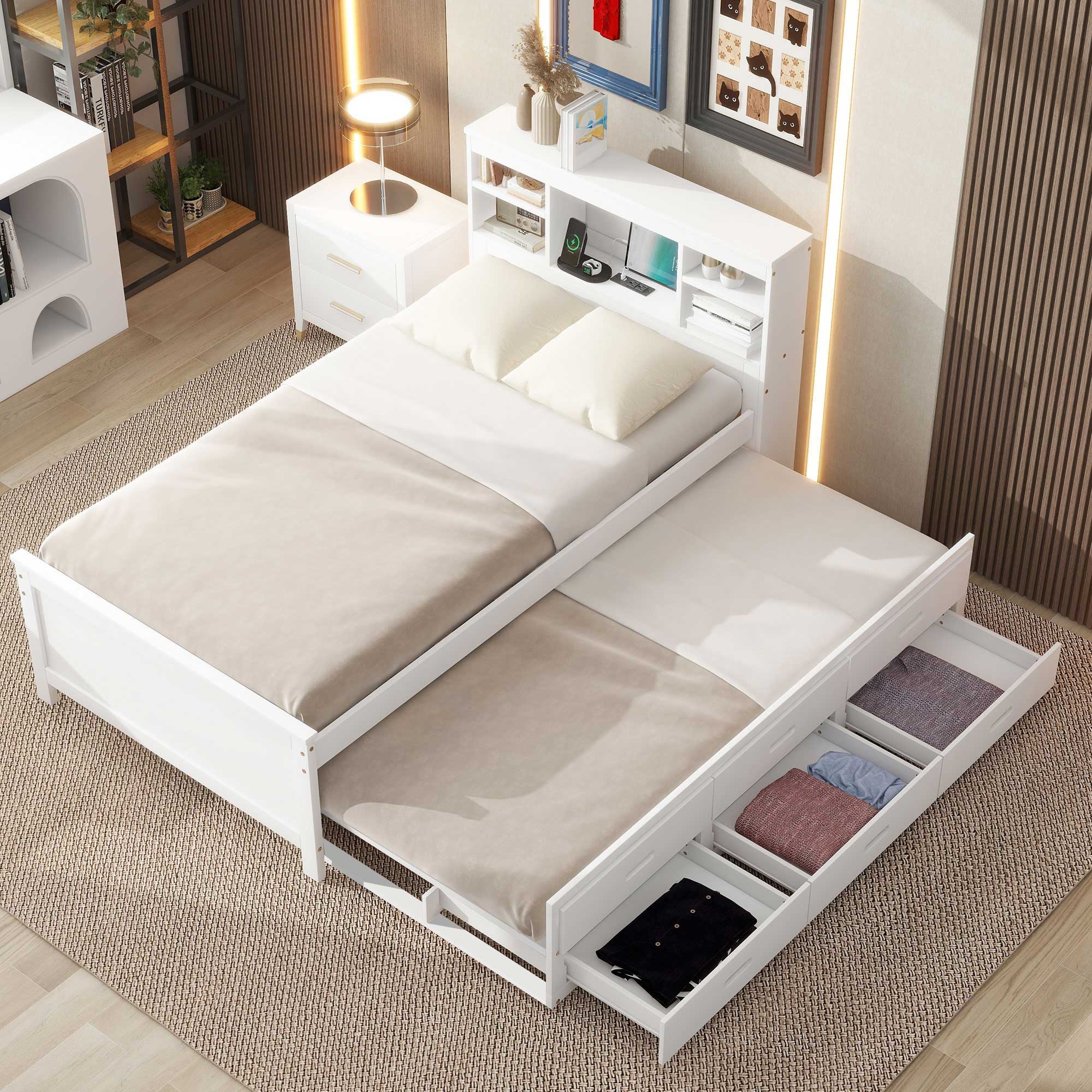 Platform Bed With Storage Headboard, USB, Trundle And 3 Drawers by Unique Piece Furniture
