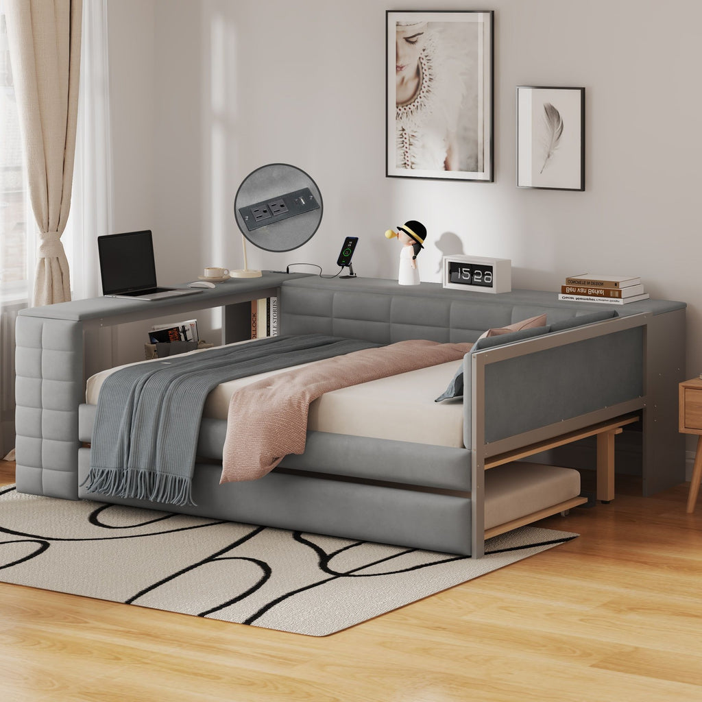 Upholstered Platform Bed With Storage Shelves, Desk, Charging Station And Trundle by Unique Piece Furniture
