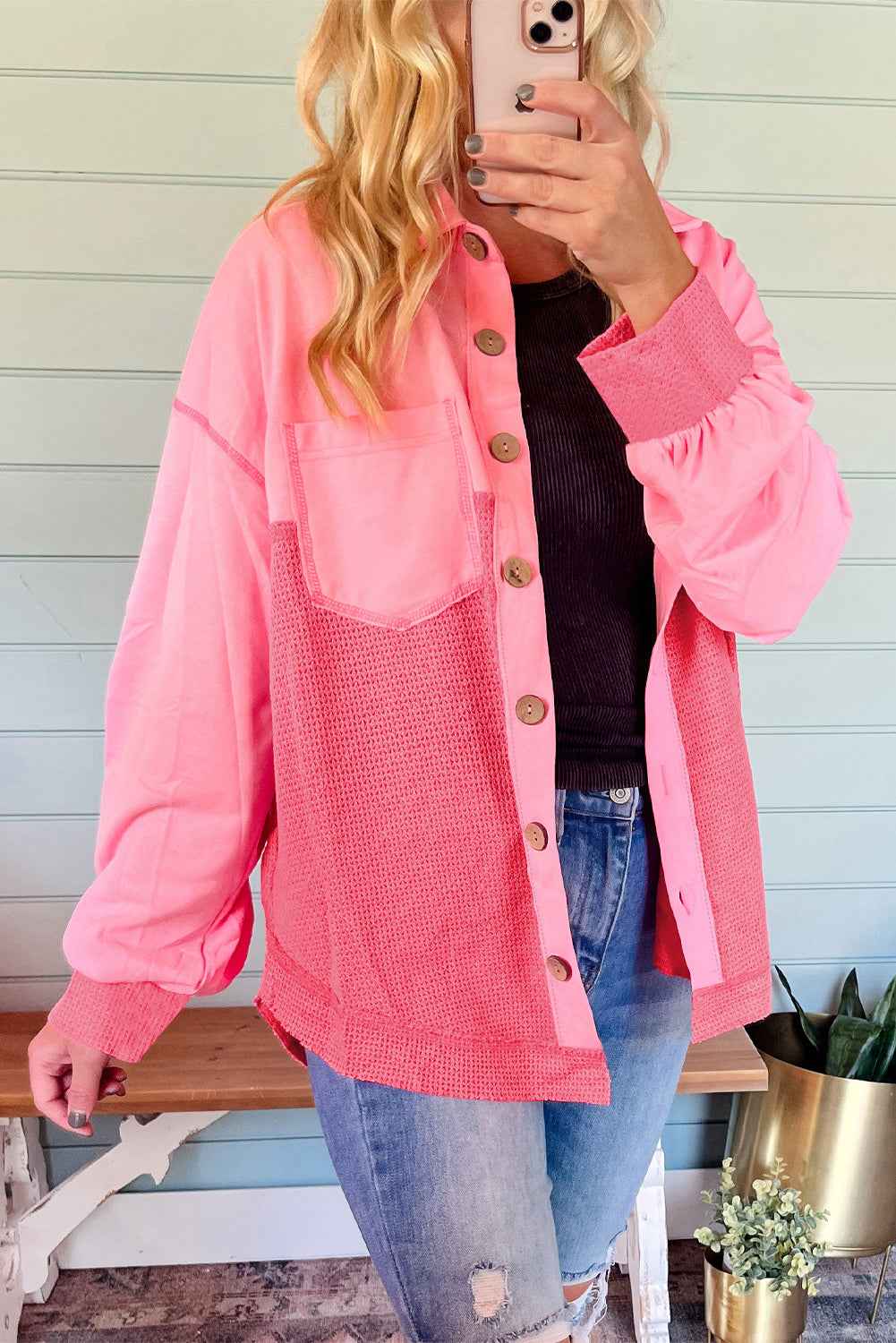 Peach Blossom Two Tone Contrast Waffle Knit Buttoned Loose Shacket by Wild and Free Boutique