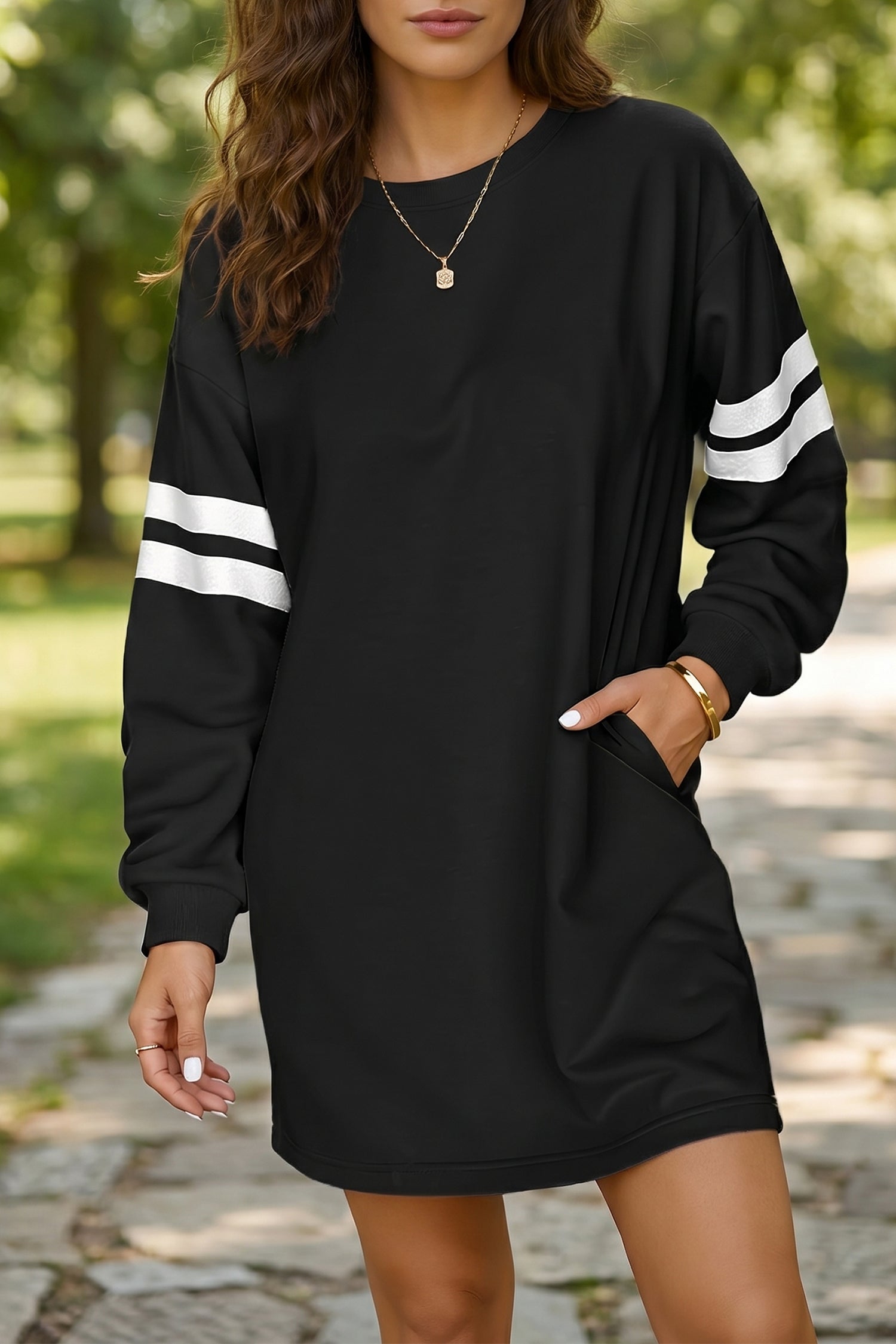 Fiery Red Varsity Contrast Banded Sleeve Shift Sweatshirt Dress by Wild and Free Boutique