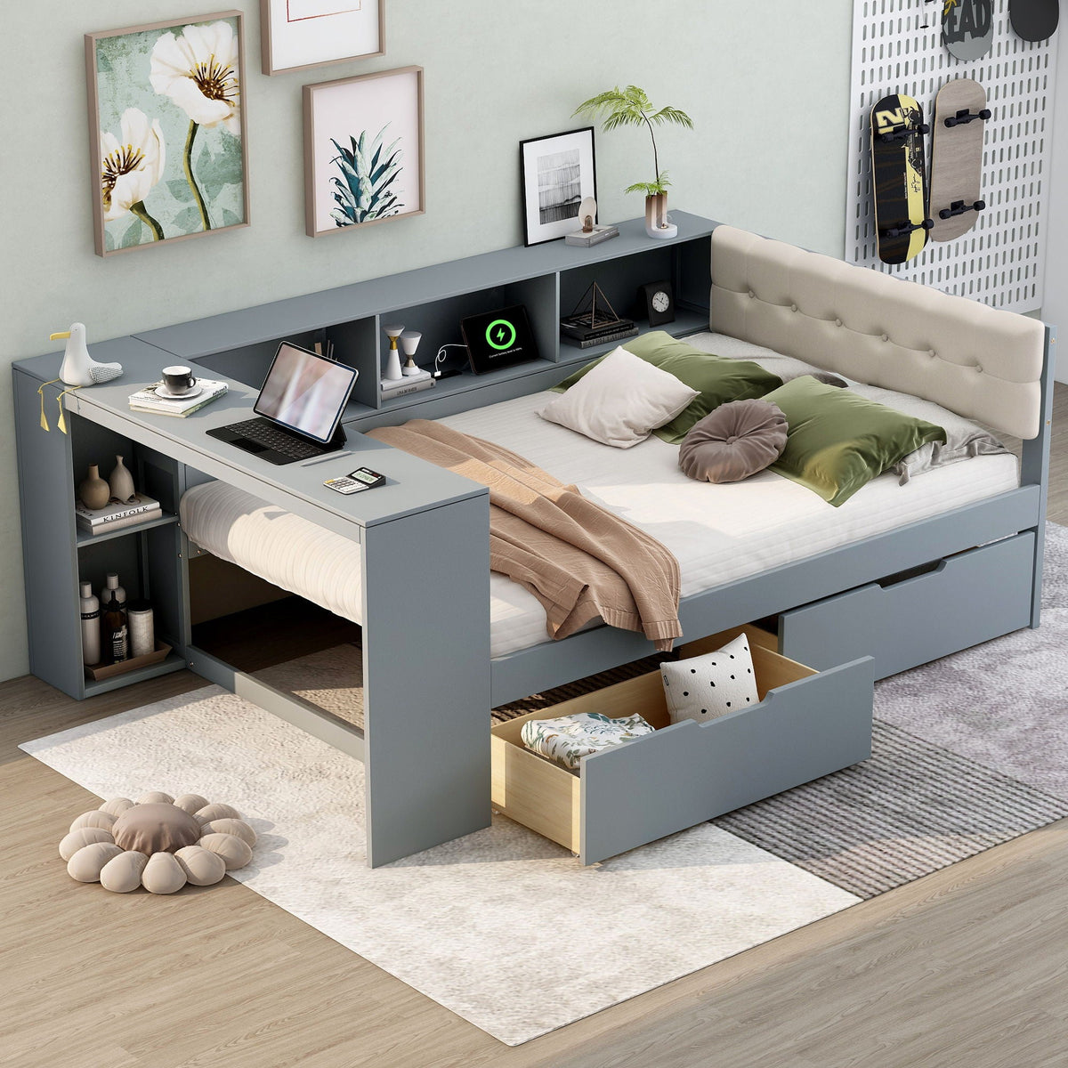 Upholstered Headboard Platform Bed With Storage Shelves, Drawers, Charging Station by Unique Piece Furniture