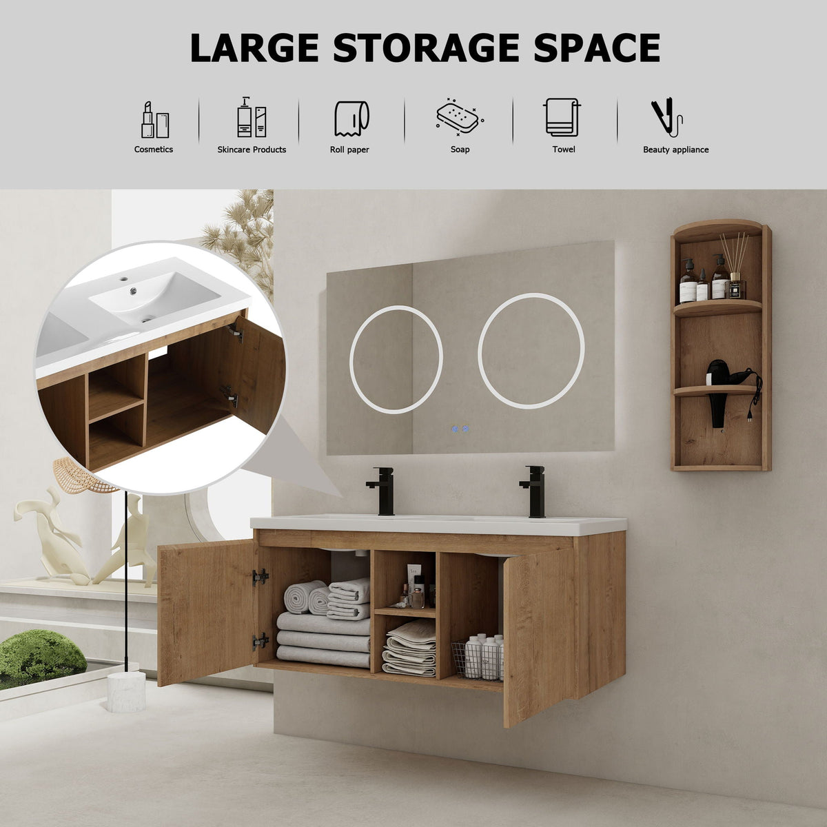48" Wall Mounted Bathroom Vanity With Double Resin Sink And Storage Rack Soft Close Doors - Imitative Oak by Unique Piece Furniture