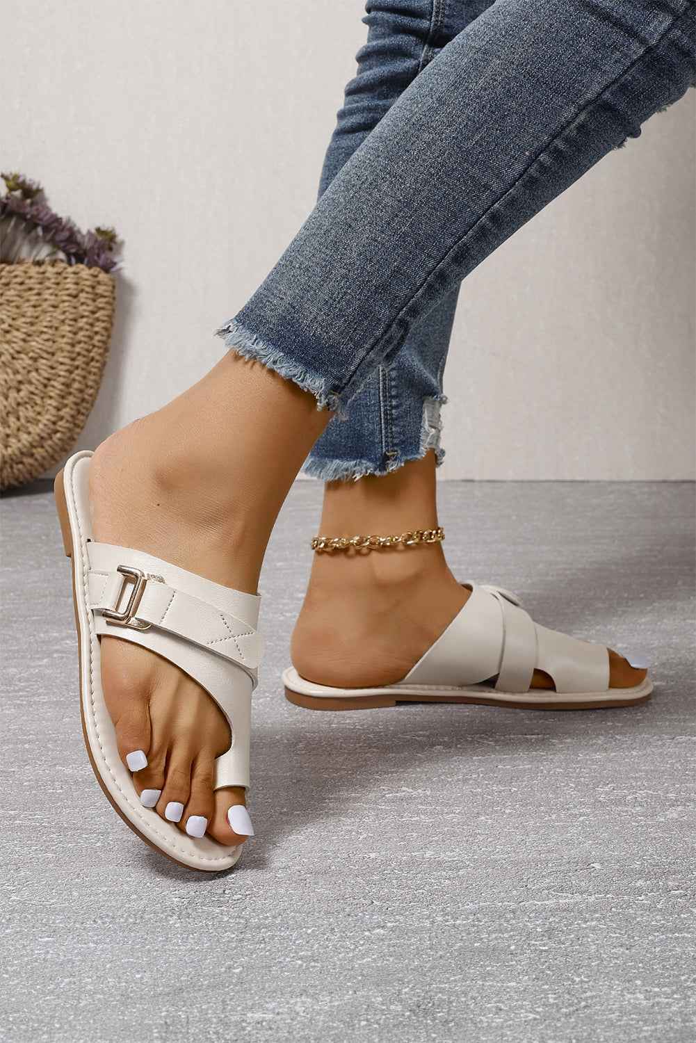 White Toe Ring Flat Sandal Slippers by Wild and Free Boutique