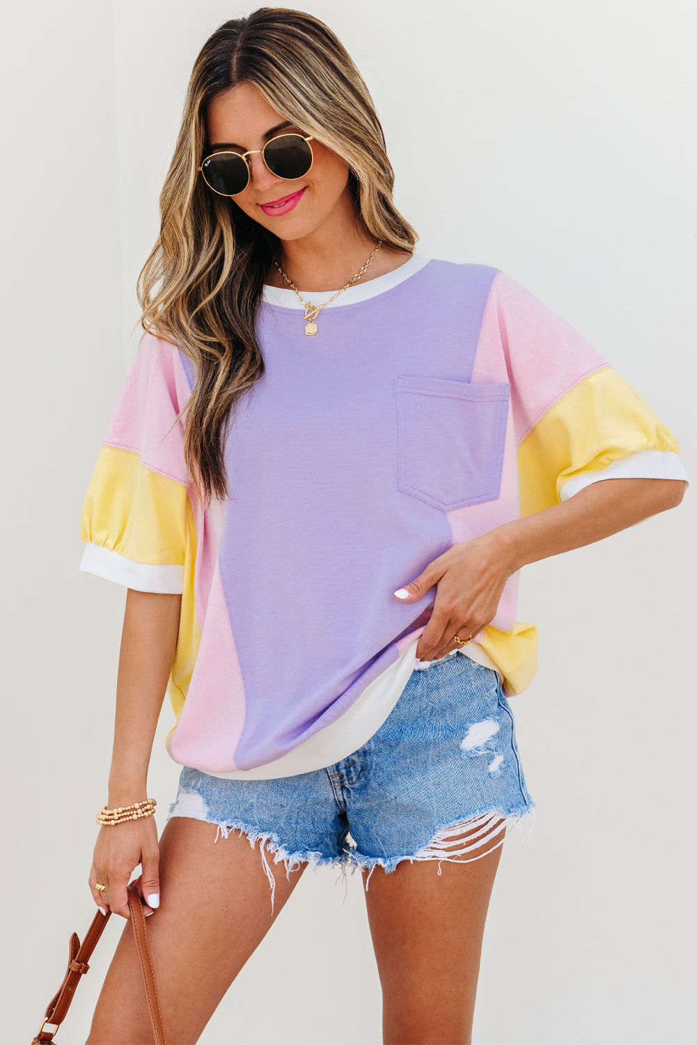 Purple Color Block Patchwork Half Sleeve Oversized T Shirt by Wild and Free Boutique