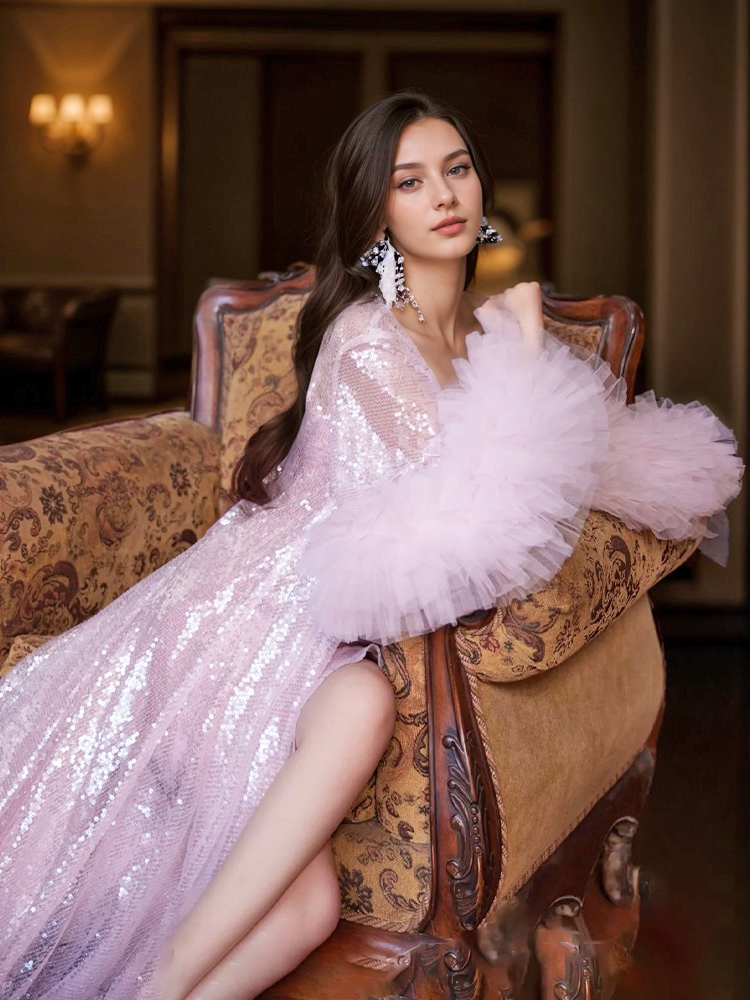 Ruffled tulle fringe hem sequin mesh long robe with sequin nightgown pink ivory by SelenaHuanStudio