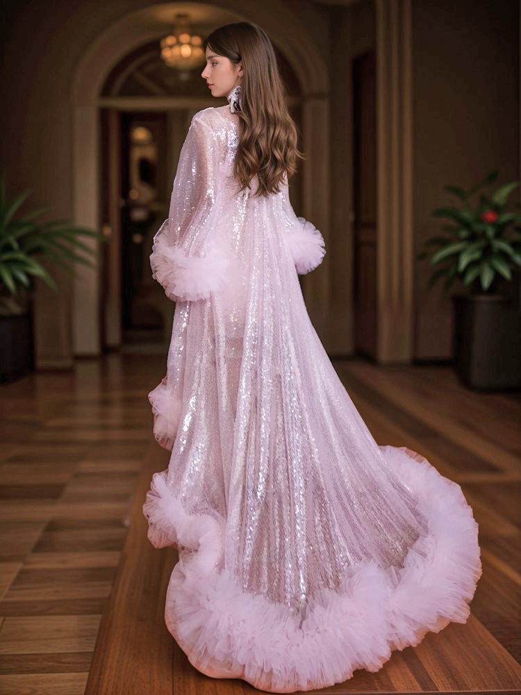 Ruffled tulle fringe hem sequin mesh long robe with sequin nightgown pink ivory by SelenaHuanStudio
