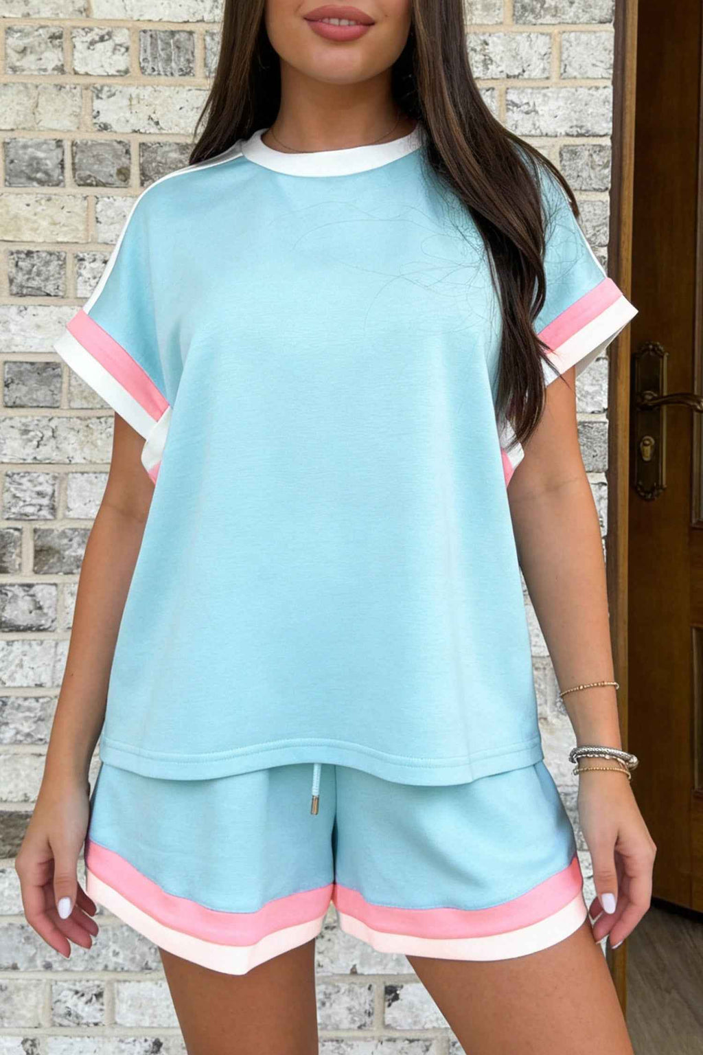 Mist Blue Striped Trim Casual Tee Drawstring Shorts 2pcs Set by Wild and Free Boutique