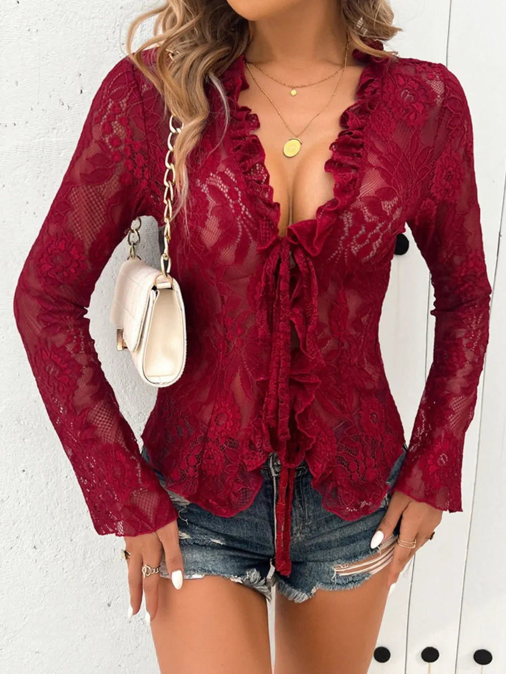 Tied V-Neck Long Sleeve Lace Top by Wild and Free Boutique