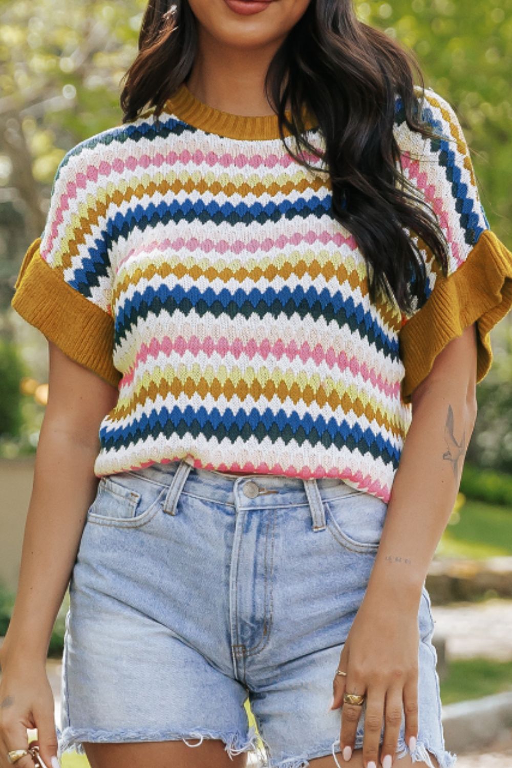 Contrast Round Neck Short Sleeve Sweater by Wild and Free Boutique