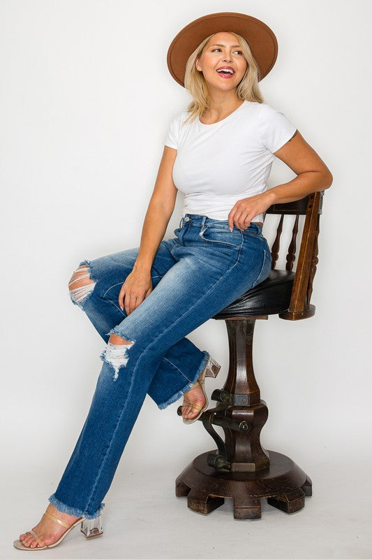 bytos Full Size Raw Hem Distressed High Rise Bootcut Jeans by Wild and Free Boutique