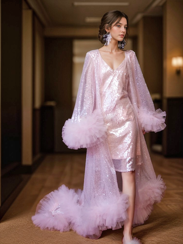 Ruffled tulle fringe hem sequin mesh long robe with sequin nightgown pink ivory by SelenaHuanStudio