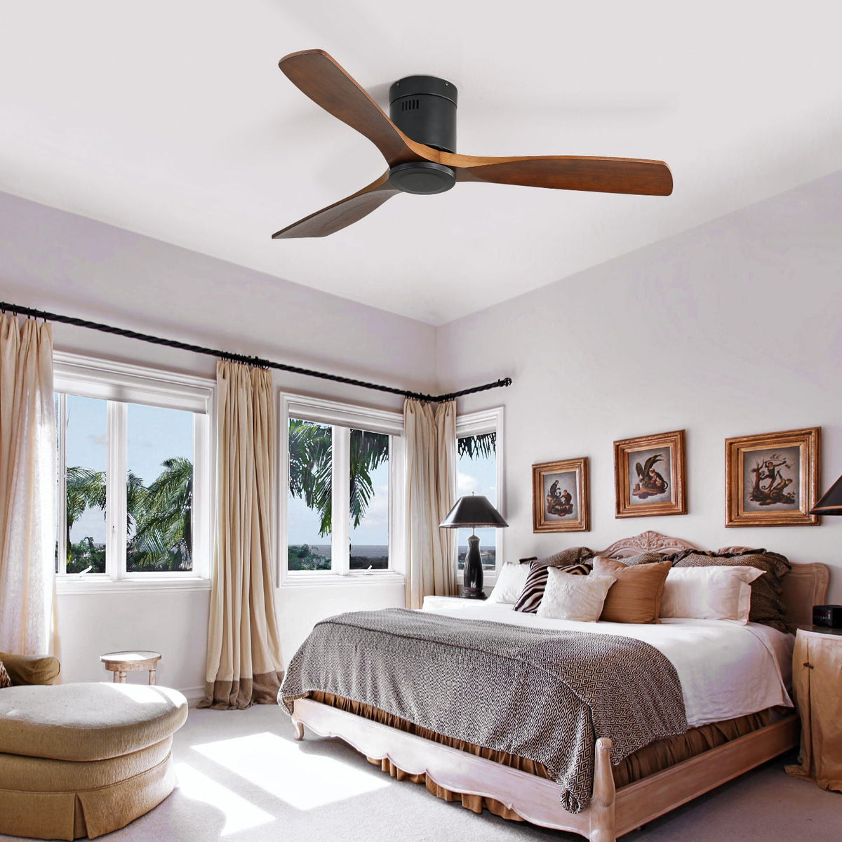 Ceiling Fan With 3 Solid Blades, Remote Controlled Reversible DC Motor - Black by Unique Piece Furniture