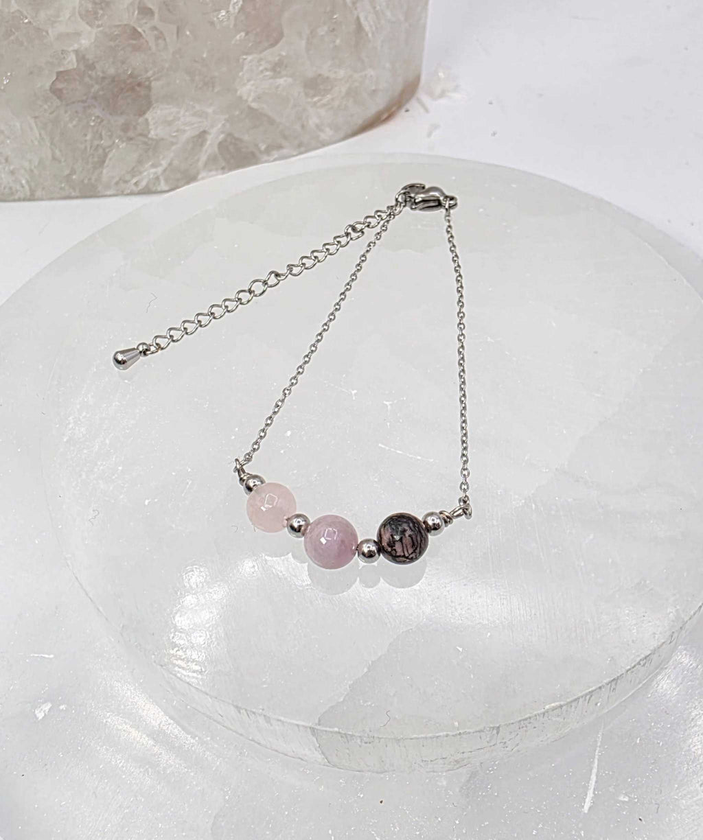 I AM ENOUGH -Kunzite, Rose Quartz, Rhodonite Gem Jewelry Set by Sacred Crystals