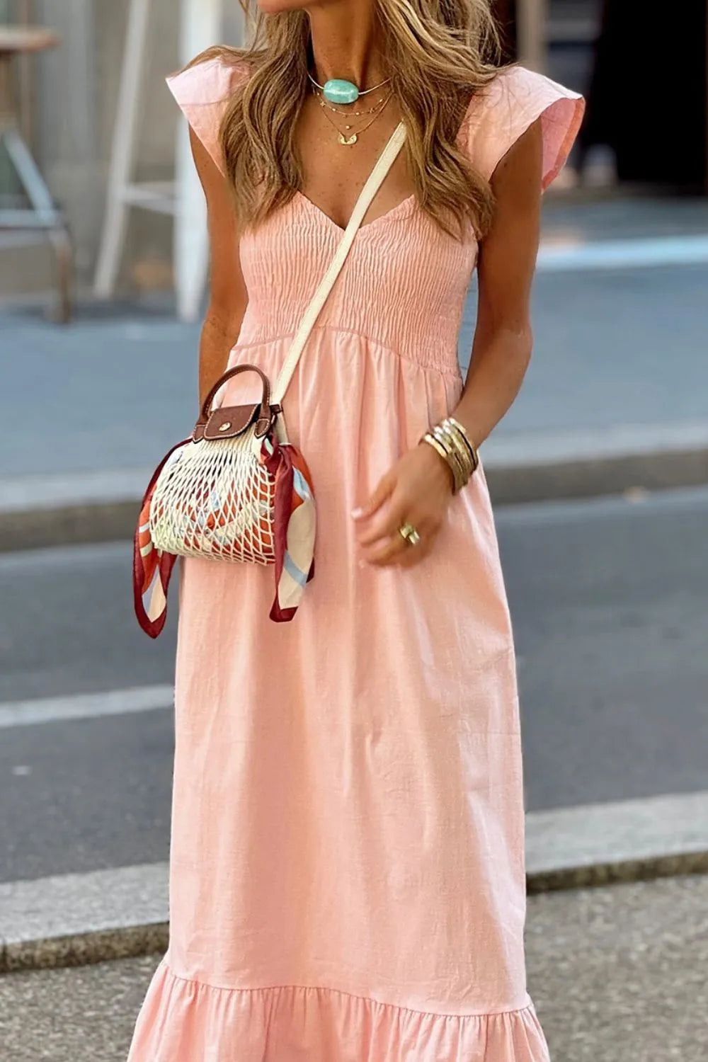 V Neck Ruffled Cap Sleeve Smocked Maxi Dress by Simply Love