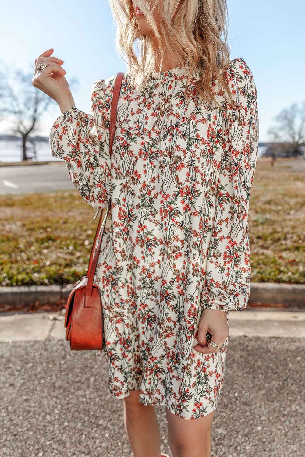 White Floral Printed Long Sleeve Mini Dress by Wild and Free Boutique