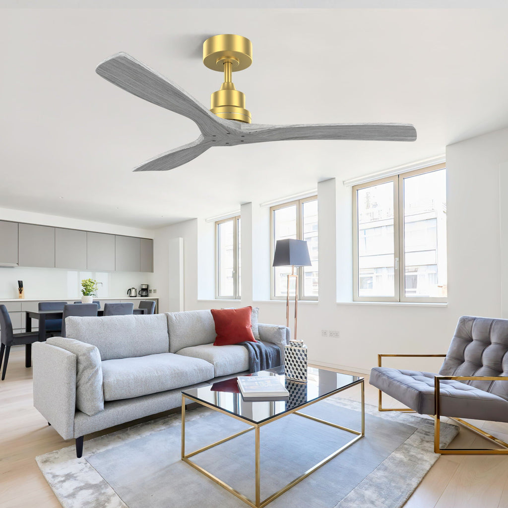 Indoor Ceiling Fan Without Light 3 Solid Wood Blades Remote Control Reversible Dc Motor - Gold by Unique Piece Furniture