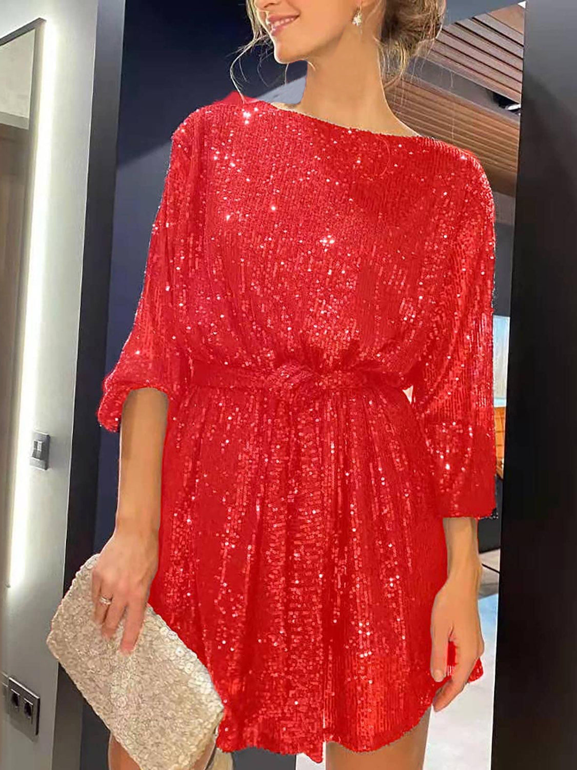 Sequin Tie Waist Long Sleeve Mini Dress by Wild and Free Boutique
