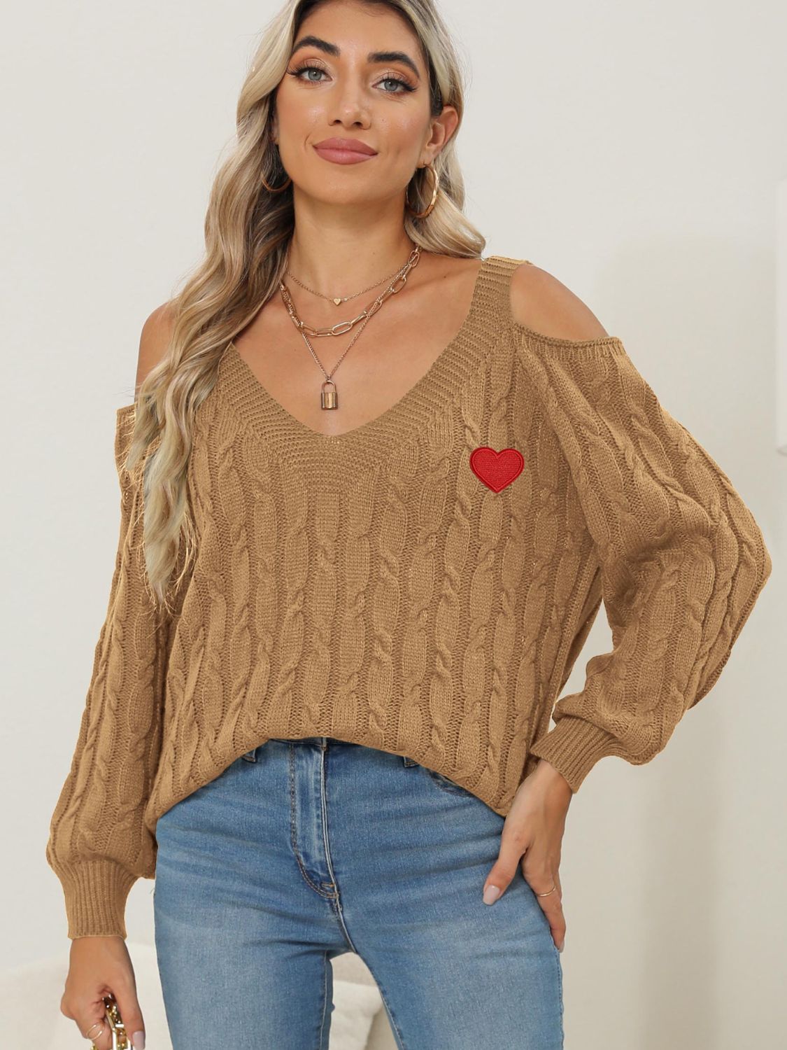 Cable-Knit Heart V-Neck Sweater by Wild and Free Boutique