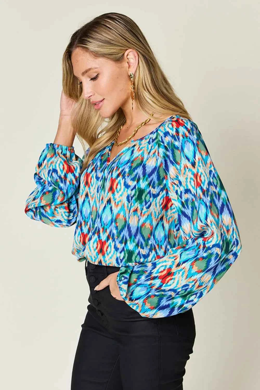 Double Take Full Size Printed Balloon Sleeve Blouse by Wild and Free Boutique
