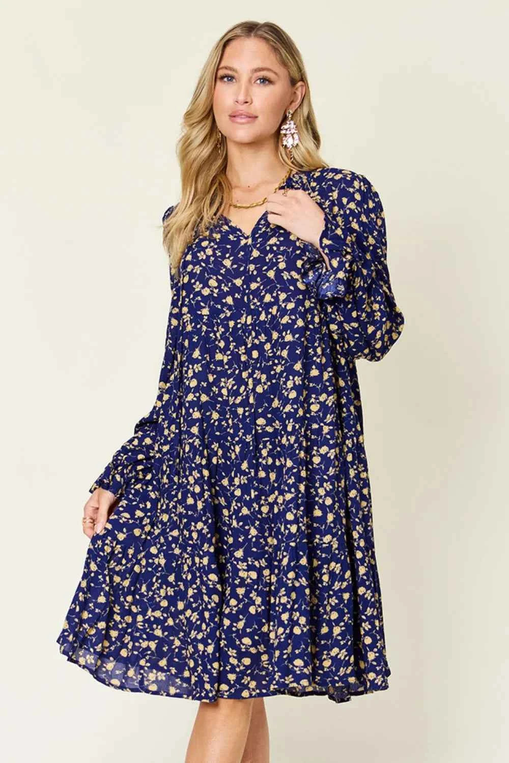 Double Take Full Size Printed Ruffle Hem Long Sleeve Tiered Dress by Wild and Free Boutique