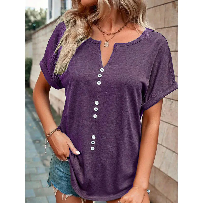 Summer V-neck Short Sleeve Button Design Blouse by Trendy Attic Store01