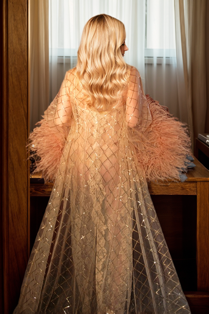 Luxury Feather-Trimmed Sheer Lace Bridal Robe Set with Embellished Details by SelenaHuanStudio
