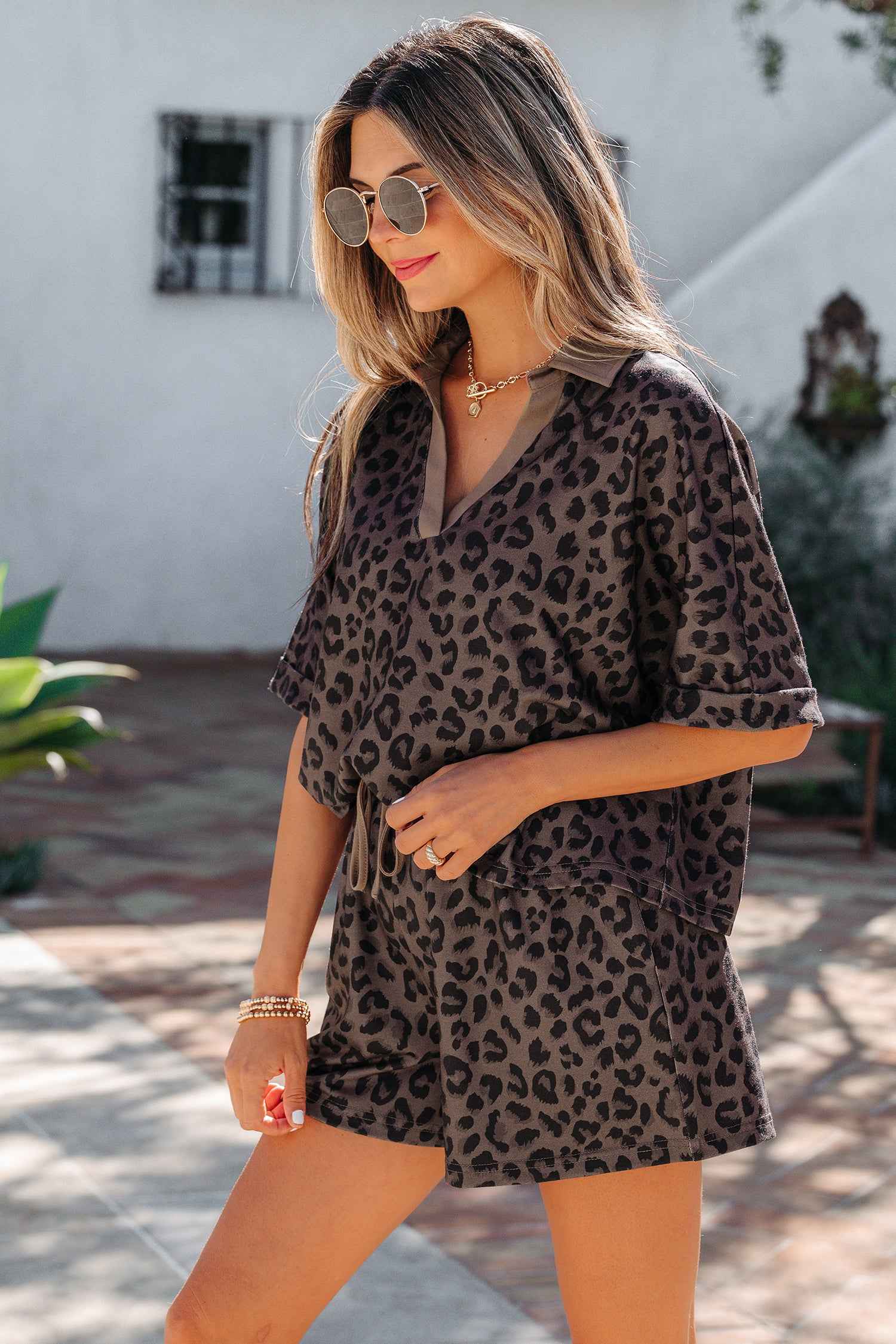 Brown V Neck Collar Leopard Printed 2pcs Short Set by Dear-Lover Dropshipping