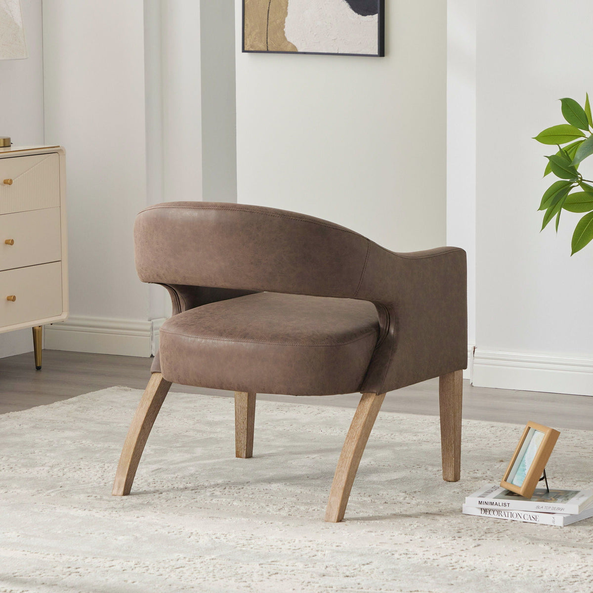 Upholstered Open Back Armchair With Weathered Rubberwood Legs by Unique Piece Furniture