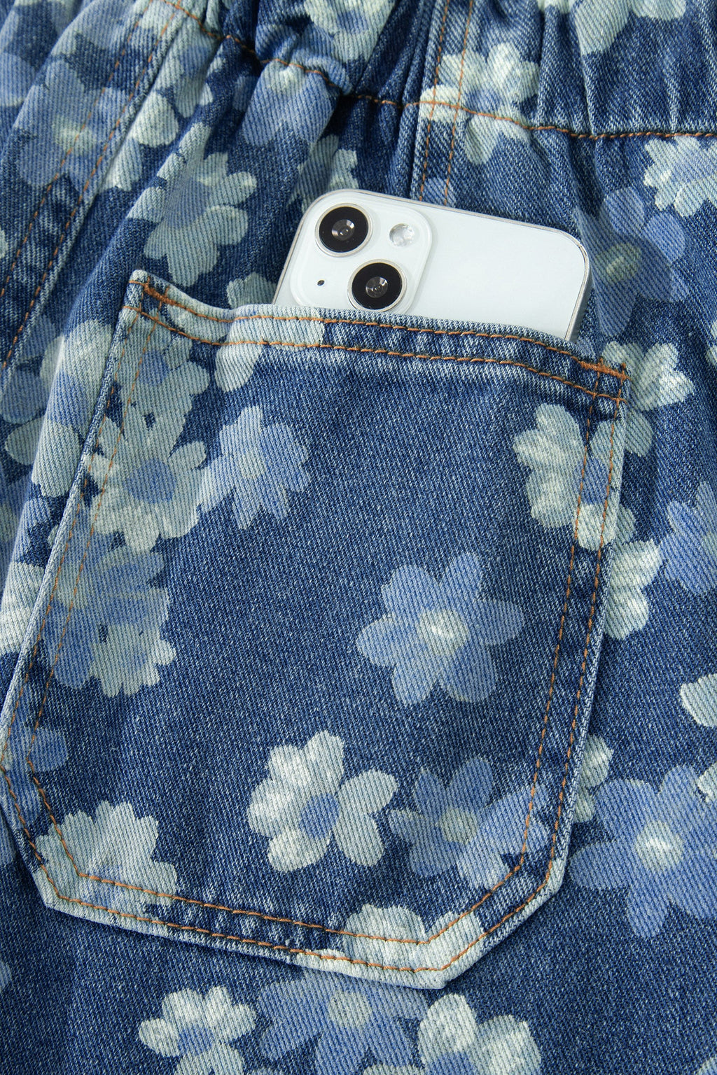 Sky Blue Dainty Floral Printed Drawstring Barrel Jeans by Wild and Free Boutique